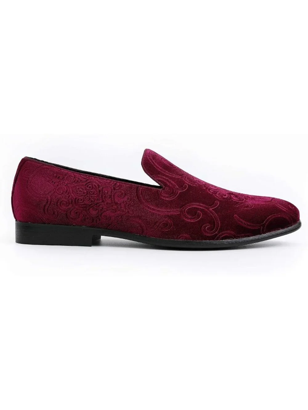 Amali Men's Burgundy Paisley Embossed Velvet Loafers Trim Slip On Tuxedo Shoes